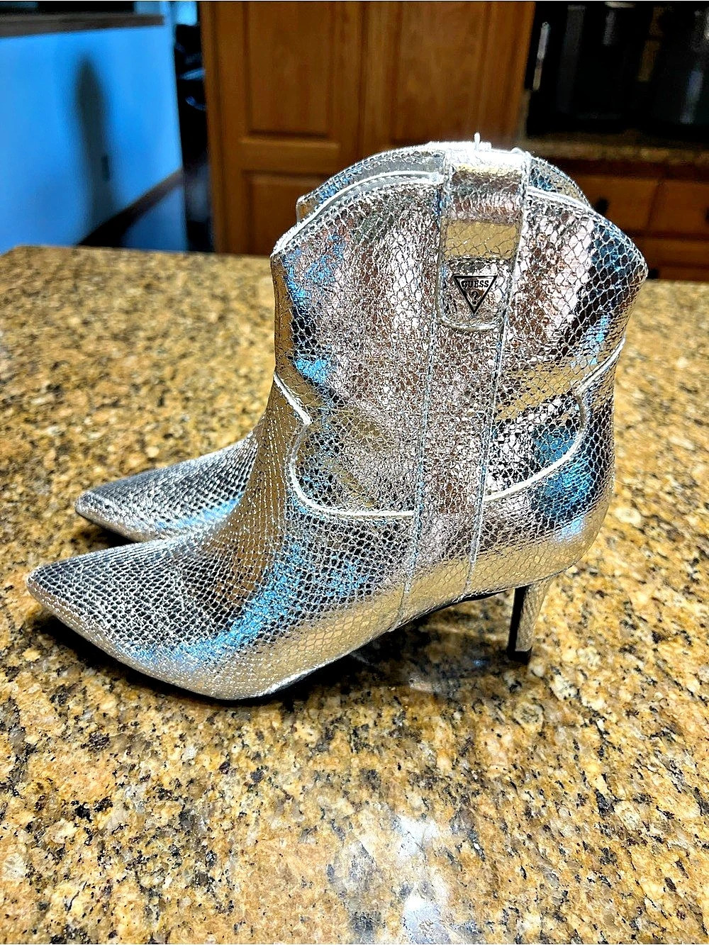 GUESS Wurlie Western Bootie Silver Snake Print US 7.5